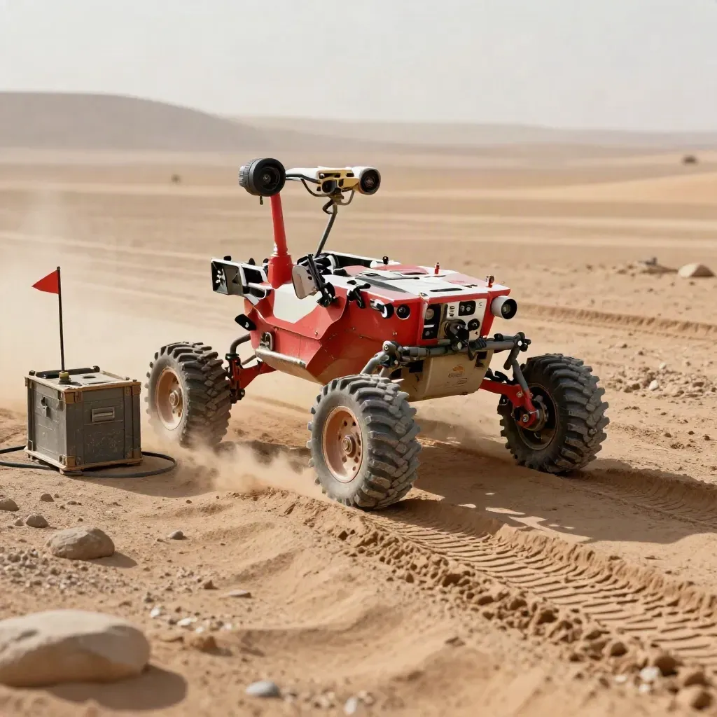 Çöl test pistinde ilerleyen kırmızı Mars rover maketi, toz ve bayraklarla.