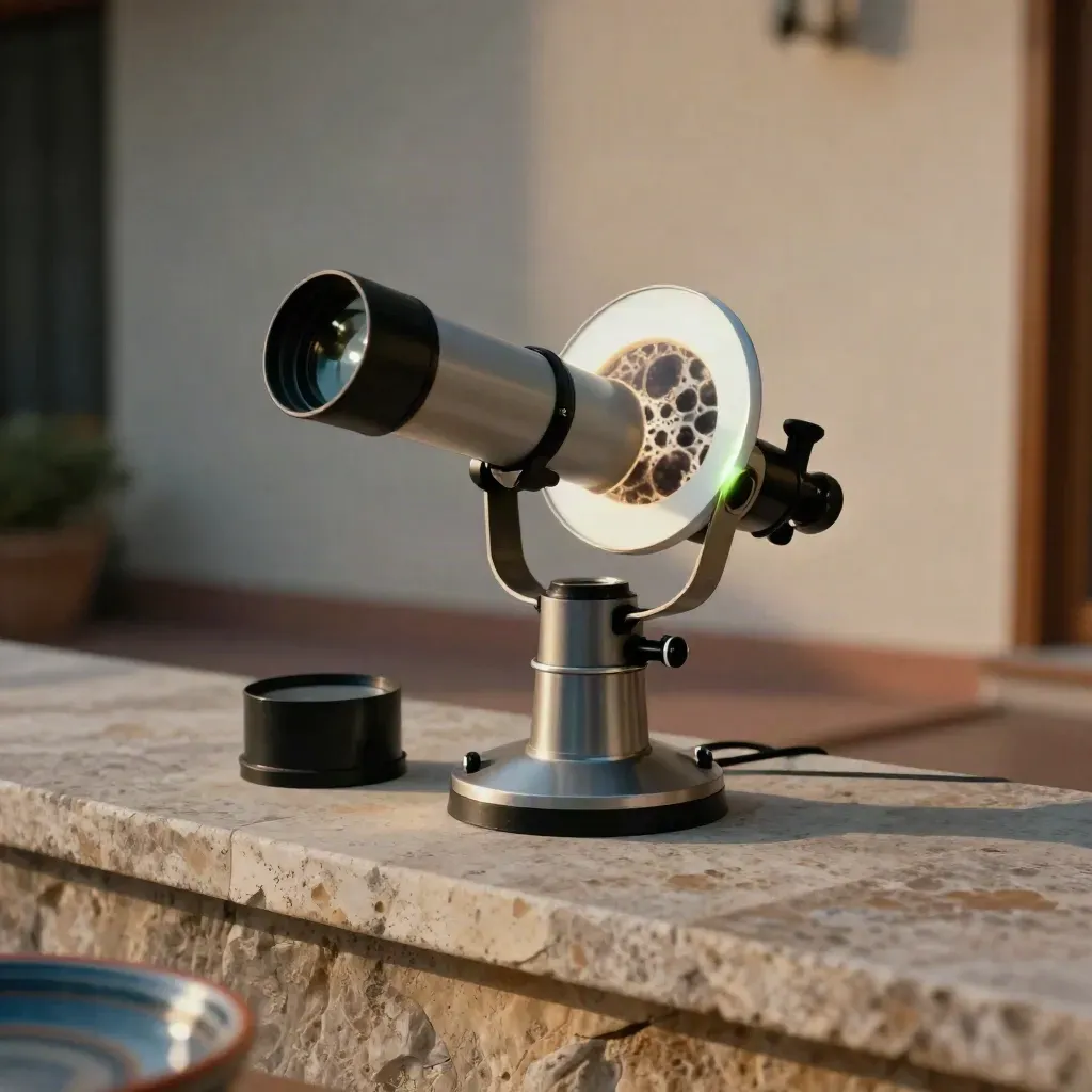 Filtreli teleskopla Güneş lekeleri izlenen, projeksiyon diski parlayan bir patio sahnesi.